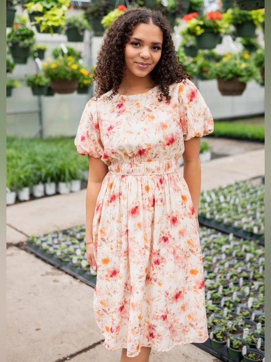 orange creek Dresses & Skirts - Floral Puff-Sleeve Midi Dress in Cream with Coral and Peach Accents - Modest